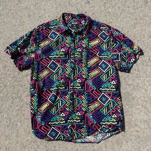 Massive Mens Large Short Sleeve Button Up Shirt Neon 90s Geometric Print Black